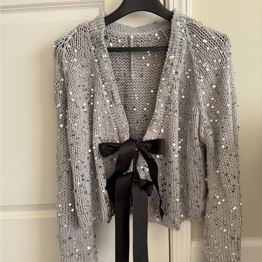 Silver Sequin Cardigan with Black Ribbon
